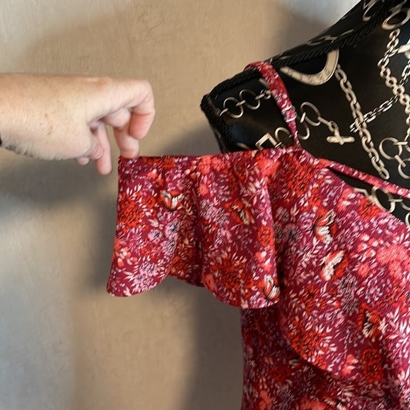 B Darlin Floral Cold Shoulder Dress Ruffle‎ Trim Casual Summer Pink Red Size - Picture 2 of 6